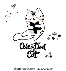 Celestial black cat, starry night, moon child illustration