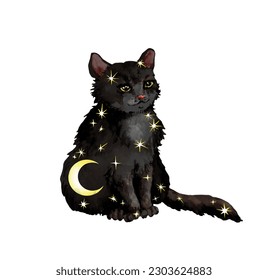Celestial black cat with stars and moon inside. Watercolor vector animal with night sky for mystic design, tattoo