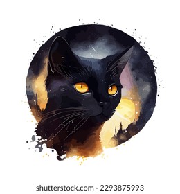 Celestial Black Cat watercolor painting. Portrait of black cat animal isolated on white background. Abstract watercolor cat vector illustration