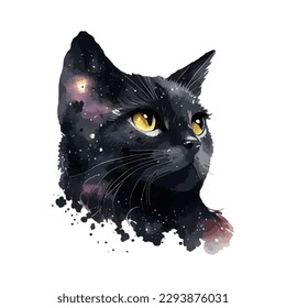 Pintura de acuarela de gato negro celestial. Retrato de gato negro aislado en fondo blanco. Resumen de la ilustración del vector de la acuarela