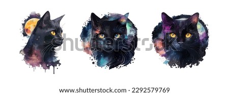 Celestial Black Cat watercolor painting. Portrait of black cat animal isolated on white background. Abstract watercolor cat vector illustration