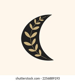 El negro celeste y la media luna de oro con ramita. Un bonito símbolo de la luna negra bohemia decorativa con ramas doradas y pequeños puntos. Elegante imprenta y tarjeta de saludo. Ilustración del vector