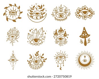 Símbolos de magia negra celestial flor, sol, lua, olho maligno. Conjunto de símbolos esotéricos, alquimia e feitiçaria