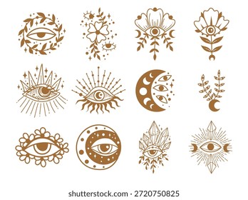 Símbolos de magia negra celestial flor, sol, lua, olho maligno. Conjunto de símbolos esotéricos, alquimia e feitiçaria