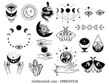 Celestial black magic symbols sun, moon, crystals, evil eye, witch hands and moth. Set of esoteric symbols, alchemy and witchcraft vector art