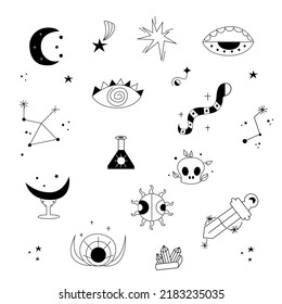 Celestial black magic symbols sun, moon, crystals, evil eye. Set of esoteric symbols, alchemy and witchcraft vector art