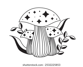 Celestial black mushroom. Esotericism and mysticism, magic. . Cosmos and universe, galaxy. Graphic element for website. Linear vector illustration isolated on white background