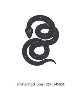 Celestial black snake with gold star. Spiritual serpent symbol for branding name logo. Esoteric mystical silhouette serpent for magic witch craft. Vector illustration