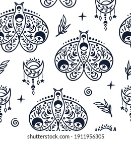 Celestial black and white butterfly seamless pattern - hand drawn line space digital paper with moth and moon, cute kids seamless background for textile, scrapbooking, wrapping paper