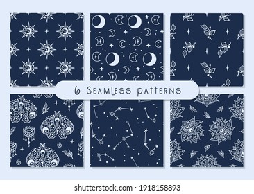 Celestial black and white moon, butterfly, lotus, stars seamless pattern bundle - hand drawn line space digital paper, cute kids starry seamless background for textile, scrapbooking, wrapping paper