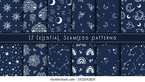 Celestial black and white moon, rainbow, stars seamless pattern bundle - hand drawn line space digital paper, cute kids starry seamless background for textile, scrapbooking, wrapping paper