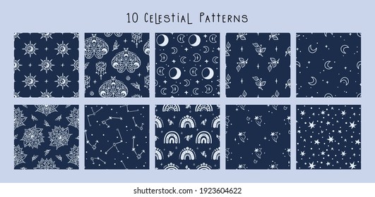 Celestial black and white moon, rainbow, stars seamless pattern bundle - hand drawn line space digital paper, cute kids starry seamless background for textile, scrapbooking, wrapping paper
