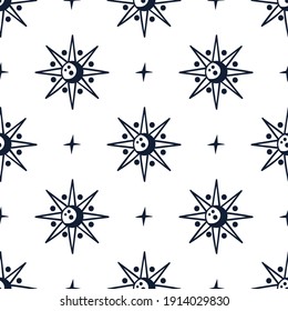 Celestial black and white seamless pattern - hand drawn line space digital paper with sun, moon and stars, cute kids starry seamless background for textile, scrapbooking, wrapping paper