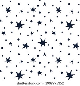 Celestial black and white stars seamless pattern - hand drawn line space digital paper with starry sky, cute kids seamless vector background for textile, scrapbooking, wrapping paper