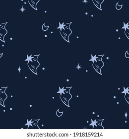 Celestial black and white stars seamless pattern - hand drawn line space digital paper with starry night sky, cute kids seamless background for textile, scrapbooking, wrapping paper