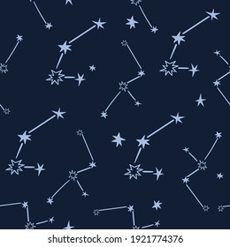 Celestial black and white stars seamless pattern - hand drawn line space digital paper with constellations, cute kids starry seamless background for textile, scrapbooking, wrapping paper