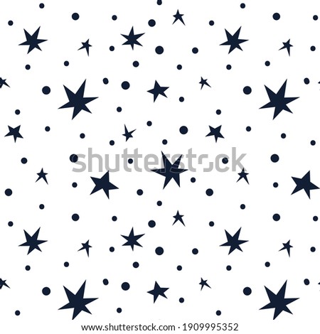 Celestial black and white stars seamless pattern - hand drawn line space digital paper with starry sky, cute kids seamless vector background for textile, scrapbooking, wrapping paper