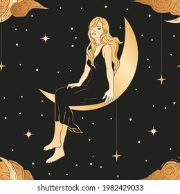 Celestial blonde beautiful woman and moon esoteric golden seamless pattern. Boho astronomy astrology lunar magic background.