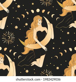 Celestial blonde beautiful woman and moon esoteric golden seamless pattern. Boho astronomy astrology lunar magic background.