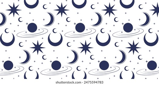 Celestial blue pattern: A captivating cosmic pattern featuring blue celestial elements like suns and moons on a white backdrop. Ideal for celestial, mystical-themed projects.