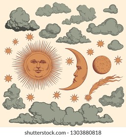 Celestial bodies and clouds. Design set. Hand drawn engraving. Editable vector vintage illustration. Isolated on light background. 8 EPS