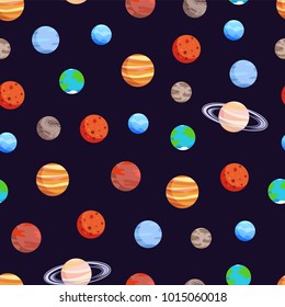 Celestial bodies collection, poster with seamless pattern and planets, Jupiter and Uranus, Earth and Pluto, vector illustration isolated on black