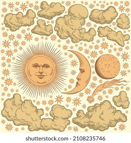 Celestial bodies. Design set. Editable hand drawn illustration. Vector vintage engraving. 8 EPS