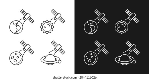 Celestial bodies observation linear icons set for dark and light mode. Heliophysics science investigations. Customizable thin line symbols. Isolated vector outline illustrations. Editable stroke
