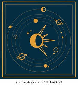 Celestial bodies on a blue background. Moon, Sun and planets for astrology and occultism. Vector image of esoteric and magic. Solar system with frames - planets in orbit. Print, poster, t-shirt, post