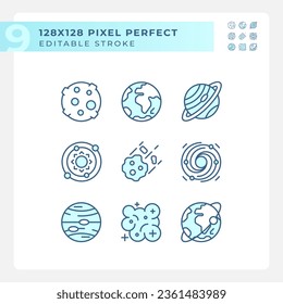 Celestial bodies pixel perfect light blue icons. Outer space. Planetary science. Astrology education. RGB color. Website icons set. Simple design element. Contour drawing. Line illustration