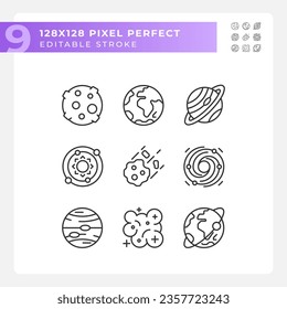 Celestial bodies pixel perfect linear icons set. Outer space. Planetary science. Astrology education. Customizable thin line symbols. Isolated vector outline illustrations. Editable stroke