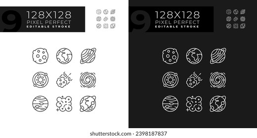 Celestial bodies pixel perfect linear icons set for dark, light mode. Outer space. Astrology education. Thin line symbols for night, day theme. Isolated illustrations. Editable stroke