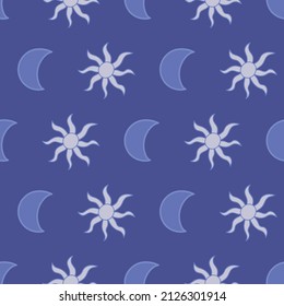 Celestial bodies seamless pattern. Hand drawn sun and moon on blue background. Monochromatic vector illustration.