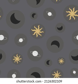 Celestial bodies seamless pattern. Hand drawn astronomical objects on grey background. Vector illustration.