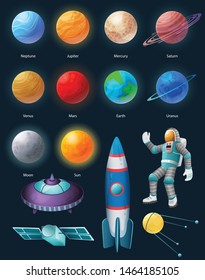 Celestial bodies solar space station spacecraft artificial earth satellite astronaut sun moon planets colorful set vector illustration 