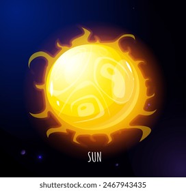 Celestial body. Icon with bright sun in outer space. Star center of solar system with planets. Astronomy, galaxy and universe. Cartoon flat vector illustration isolated on starry sky background