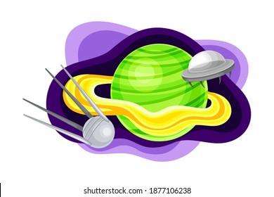 Celestial Body or Planet with Flying Sputnik Vector Composition