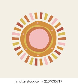 Celestial bohemian cuts out style summer sun with stars vector illustration. Boho Solar day and night poster for Scandinavian style nursery decor.