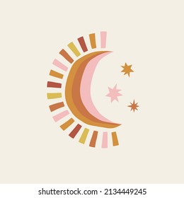 Celestial bohemian cuts out style nightly half moon with stars vector illustration. Boho lunar day and night crescent poster for Scandinavian style nursery decor.