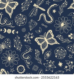 Celestial Bohemian Seamless Pattern. Sacred Occult Esoteric symbols Background with blue and gold colors, hand drawn line art style. Repeat vector illustration