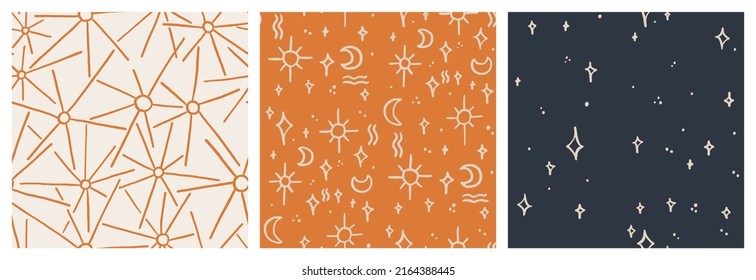 Celestial boho aesthetic moon, sun and star astronomy and astrology symbol seamless pattern set. Astral, horoscope vector background collection in terracotta, off-white and black neutral colors.