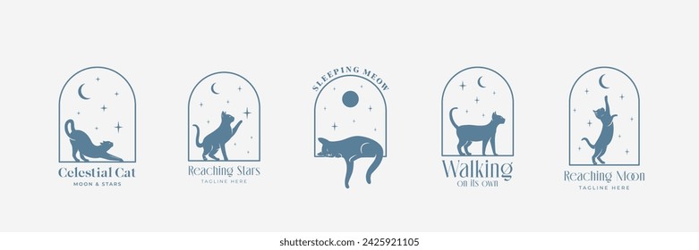 Celestial boho arch frame with cat, moon and stars logos set. Vector minimal abstract emblems collection. Isolated