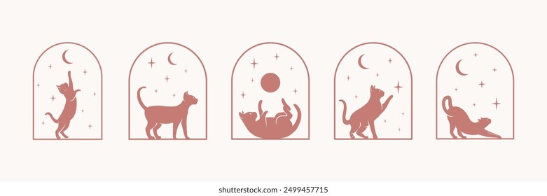 Celestial boho arch frame with cat, moon and stars logos set. Vector minimal abstract emblems collection. Isolated