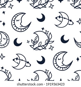 Patrón sin fisuras de boho celeste en blanco y negro - papel digital de línea dibujado a mano con luna y estrellas, niños lindos con fondo transparente para textil, scrapbooking, papel envolvente
