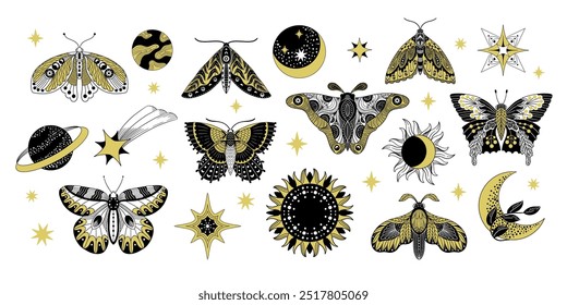 Mariposas boho celestiales. Bohemio bohemio boceto de mariposa étnica, diseño de tatuaje de insecto cósmico decorativo vintage. Conjunto aislado de Vector.