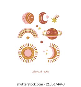 Celestial boho cuts out sun moon crescent rainbow planet fallen star vector illustration set isolated on white. Bohemian day and night sky space poster for Scandinavian style nursery decor.
