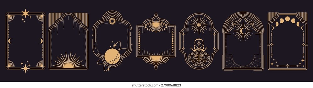 Celestial boho frames with moon phases, butterfly and mystical arch design, abstract vector goldenvset isolated on background. Esoteric art with stars, sun symbol, and magical pattern, vintage borders