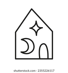 Casa de boho celestial con luna y estrella. Forma de casa de doodle muy fina aislada sobre fondo blanco.