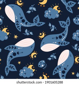 Celestial boho kids seamless pattern with blue whale, celestial sky digital paper, animals, cloud, moon and stars nursery background for textile, scrapbooking, wrapping paper, wallpaper