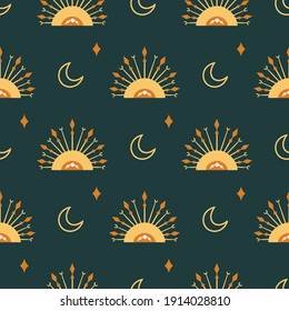 Celestial boho kids seamless pattern with yellow moon and sun on dark, starry sky digital paper, mystical nursery background for textile, scrapbooking, wrapping paper, wallpaper